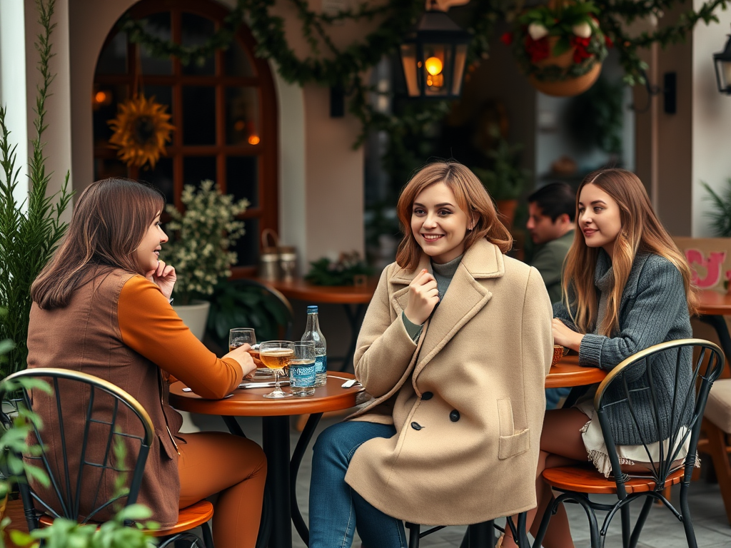 Cztery kobiety siedzą w kawiarni, rozmawiając i ciesząc się drinkami w przytulnej atmosferze.