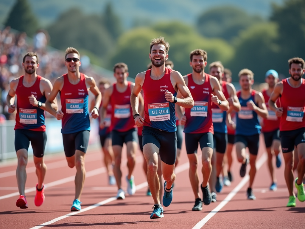 Grupa młodych mężczyzn biegnących w zawodach lekkoatletycznych na torze.